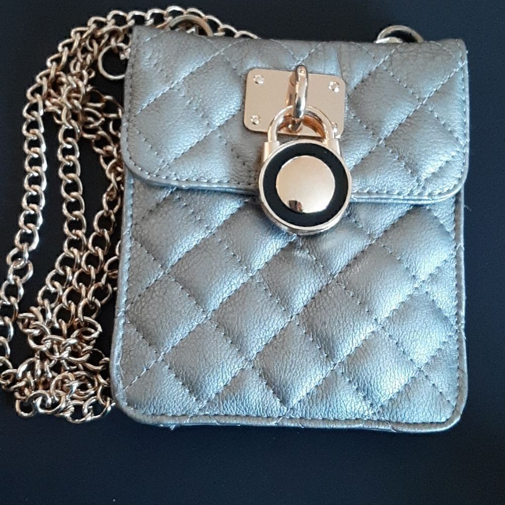 COPY - NWOT Silver leather crossbody bag with gold chain.